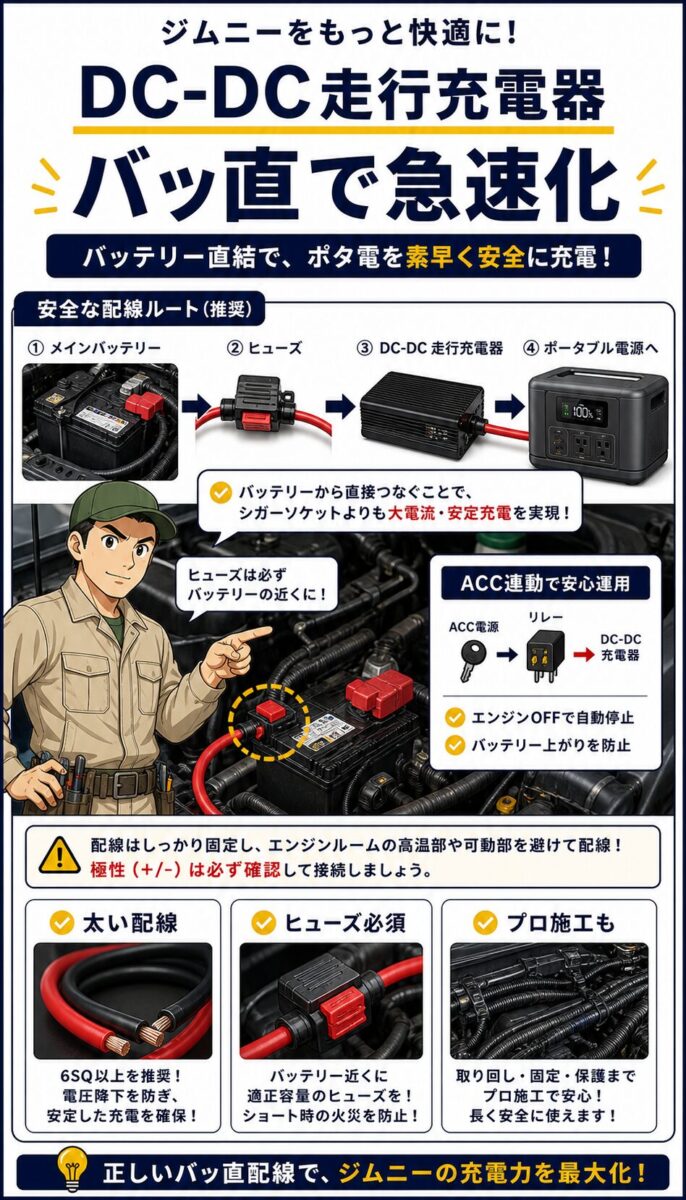 ジンデンがバッ直配線とDC-DC走行充電器を説明する画像
