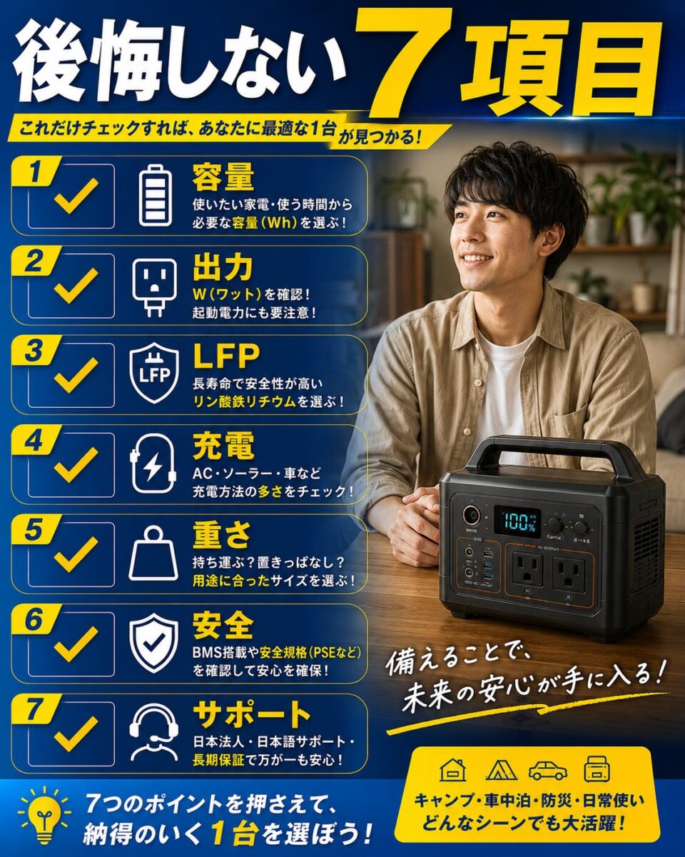 ポータブル電源選びで後悔しないための容量、出力、LFP、充電、重さ、安全、サポートの7項目チェックリスト
