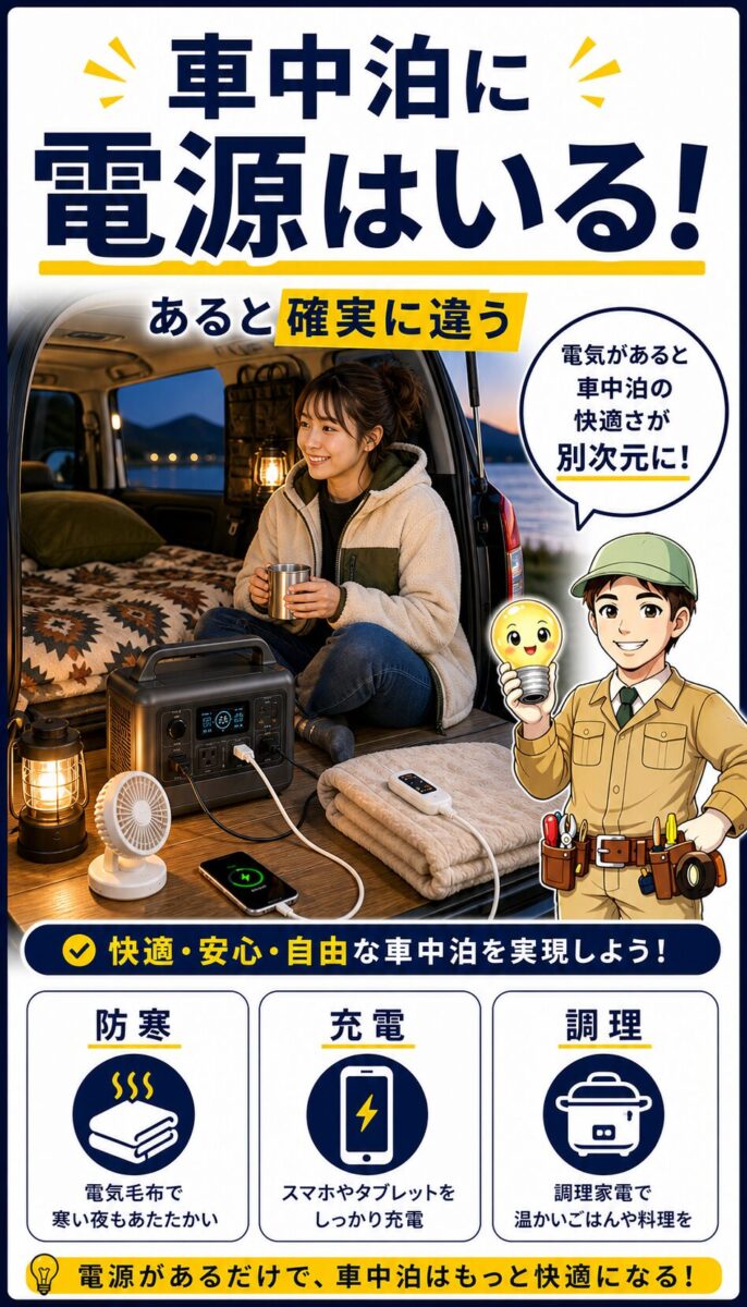 車中泊でポータブル電源があると快適さが変わることをまとめた画像