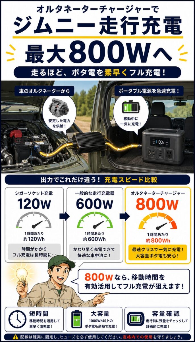 ジンデンがオルタネーターチャージャーの800W充電を説明する画像