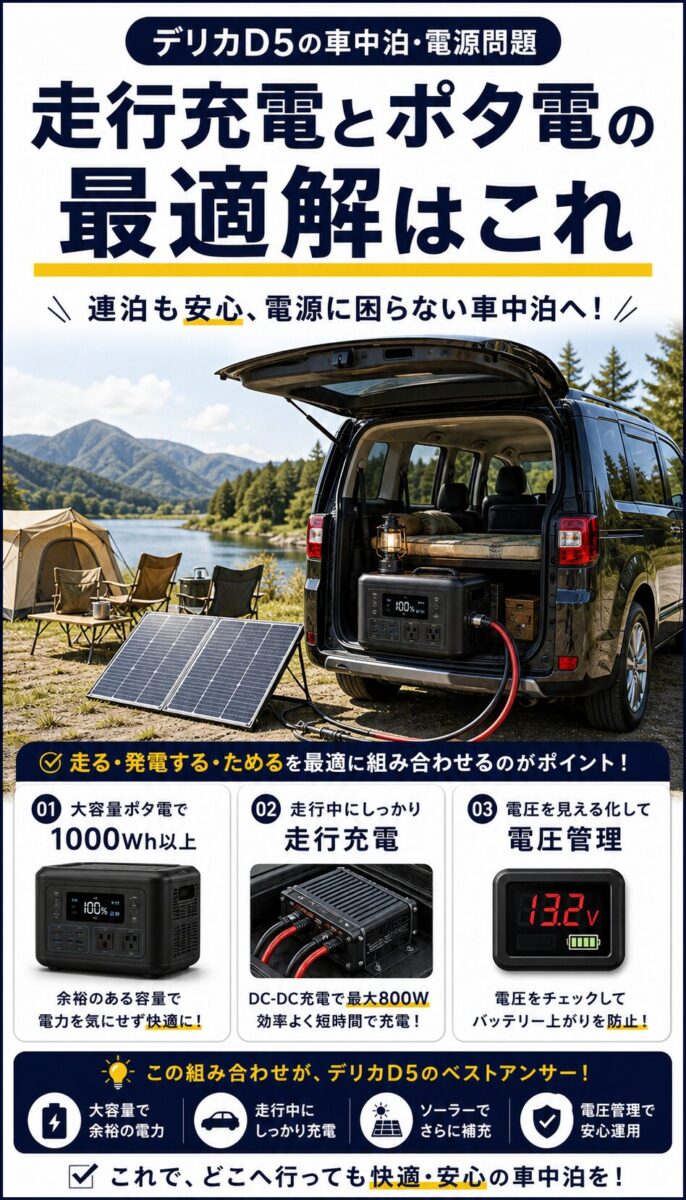 デリカD5の走行充電とポータブル電源の最適解をまとめた画像