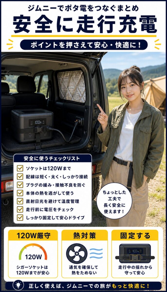 ポタ子がジムニーで安全な走行充電をまとめる画像