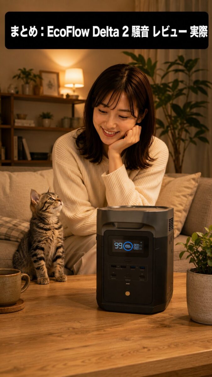 ポータブル電源レビューに満足する女性と子猫
