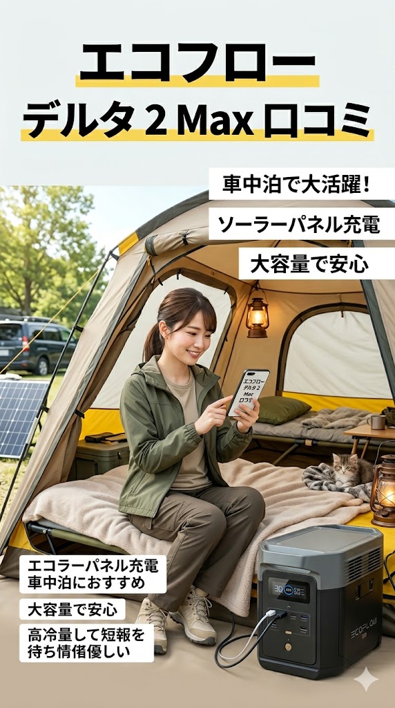 キャンプテントで口コミを確認する女性とポータブル電源