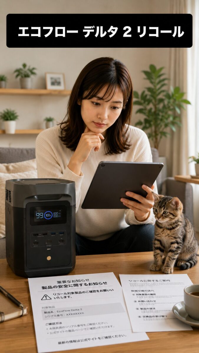 安全情報を確認する女性とポータブル電源