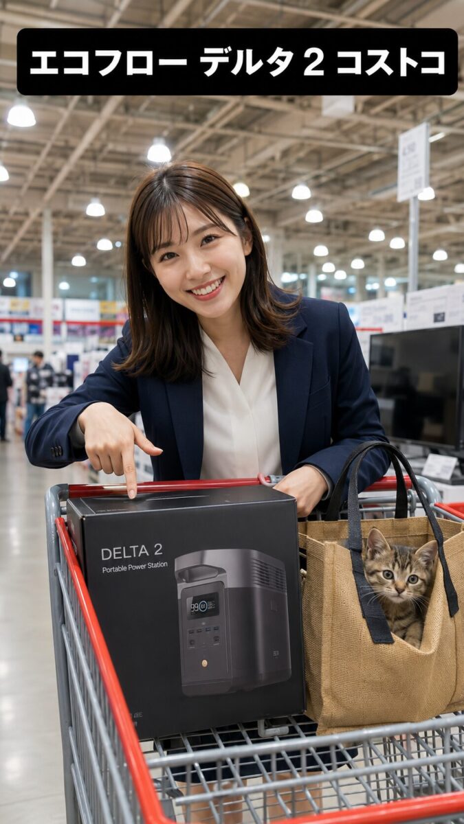 大型店舗でポータブル電源を選ぶ女性と子猫
