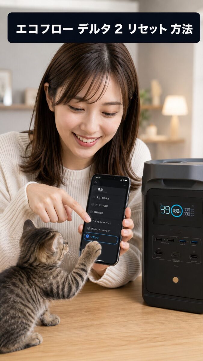 ポータブル電源をリセット操作する女性と子猫