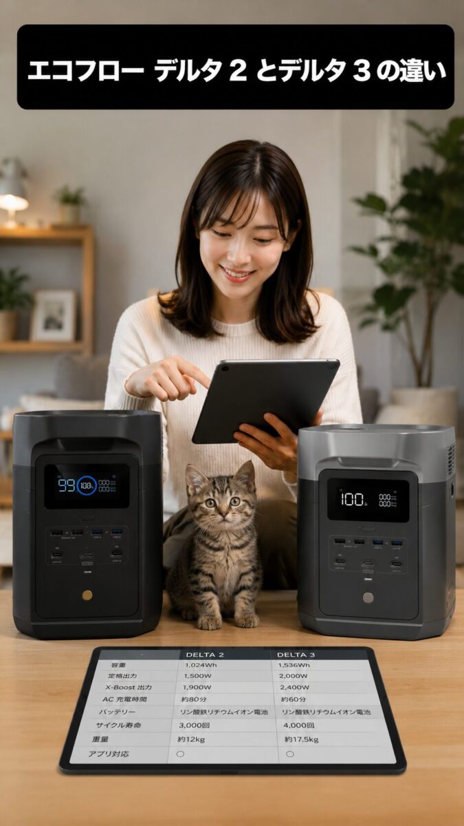 2種類のポータブル電源を比較する女性と子猫