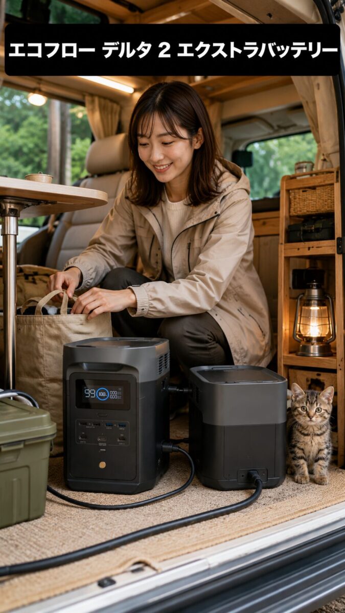 エクストラバッテリーを接続したポータブル電源と女性