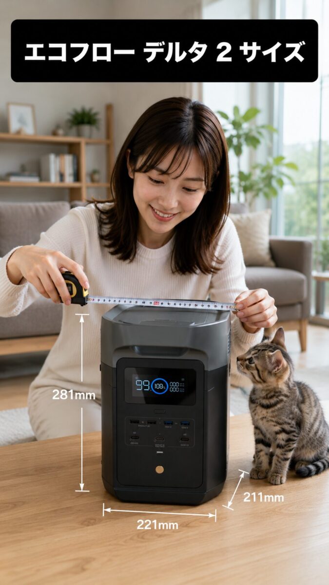ポータブル電源のサイズを確認する女性と子猫