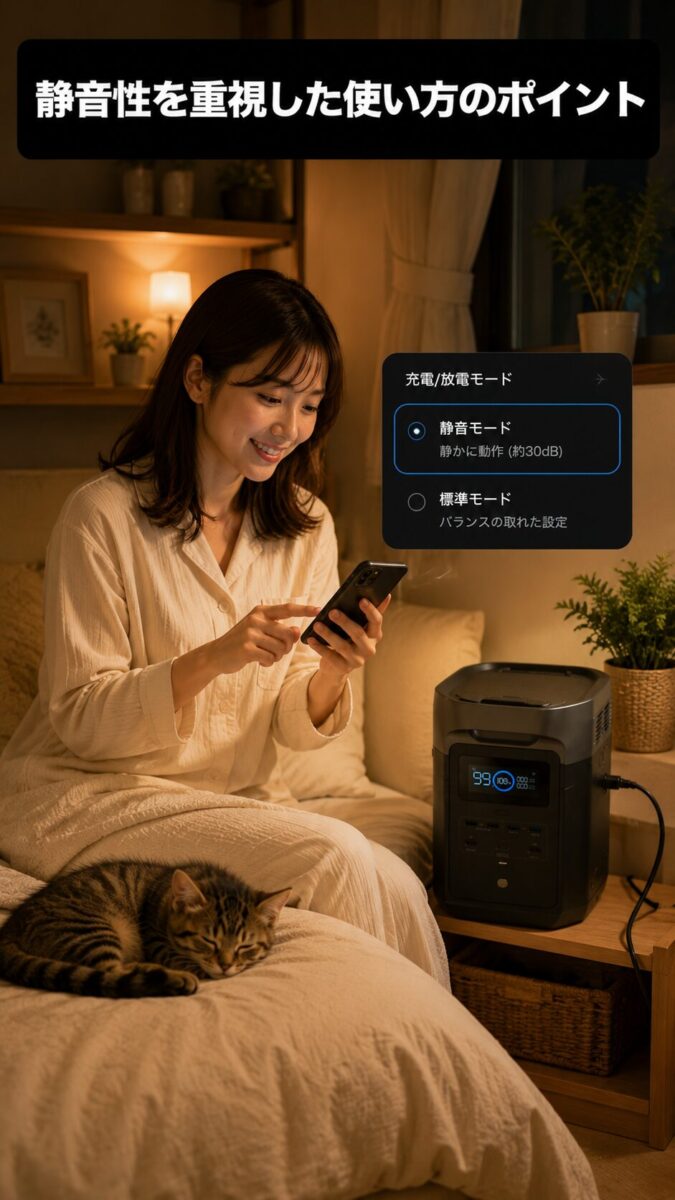 静音設定で快適に使う女性とポータブル電源