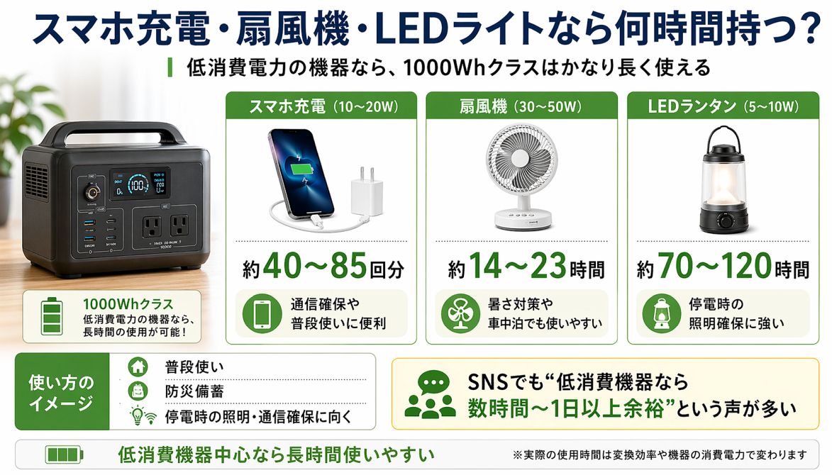 ポータブル電源1000Whクラスで、スマホ充電や扇風機、LEDライトがどれくらい使えるかをわかりやすく示した図解