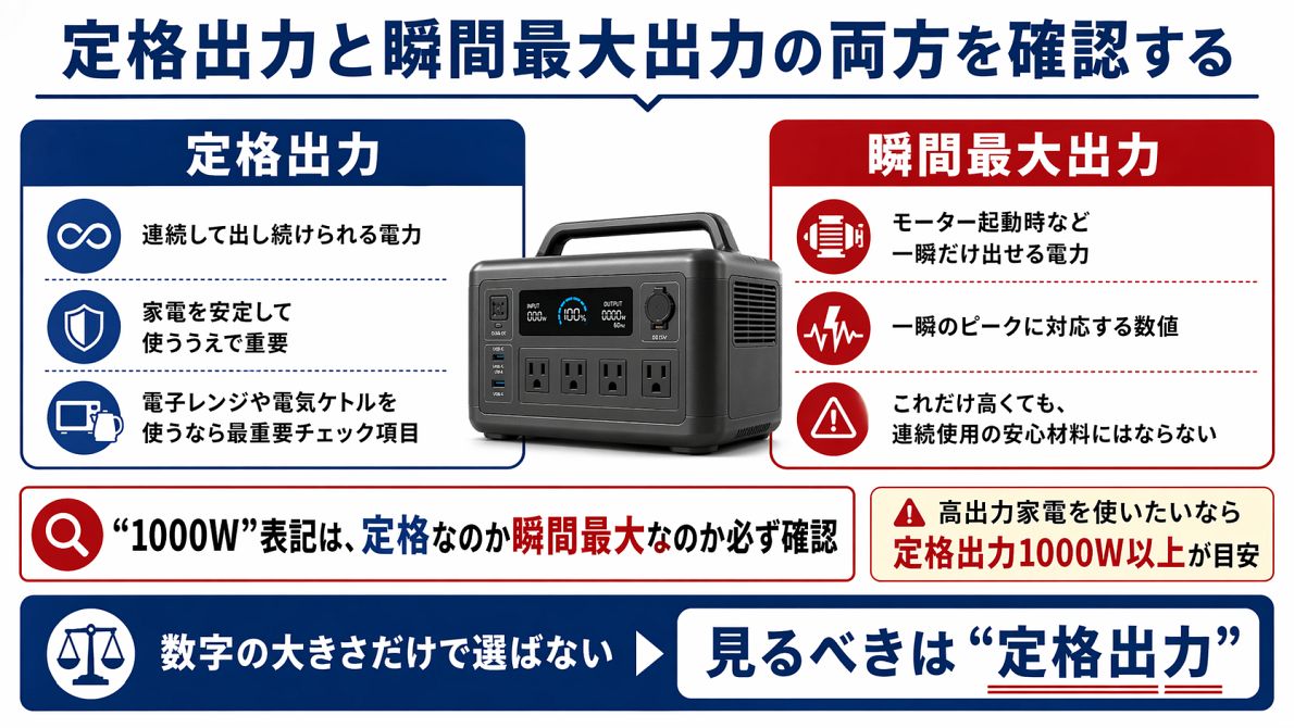 ポータブル電源を選ぶときに、定格出力と瞬間最大出力の違いを比較しながら確認するための図解