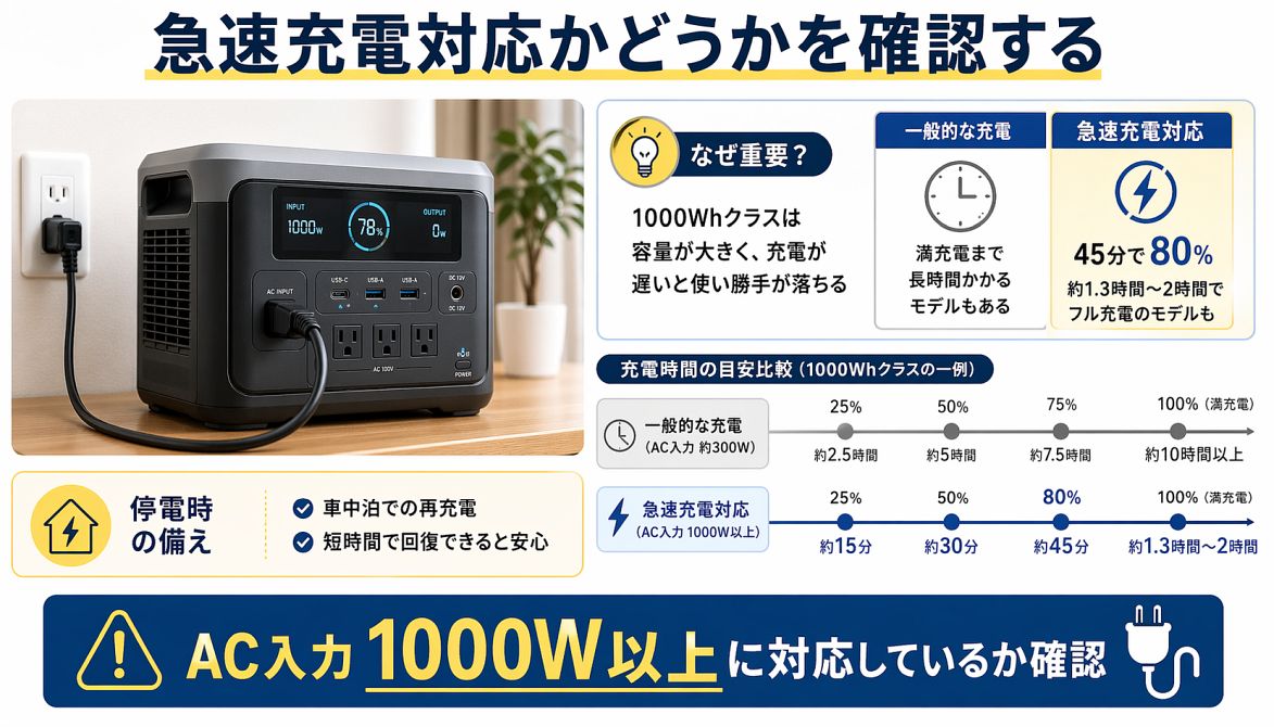 ポータブル電源の急速充電対応の有無によって、充電時間がどれくらい変わるかを比較した図解