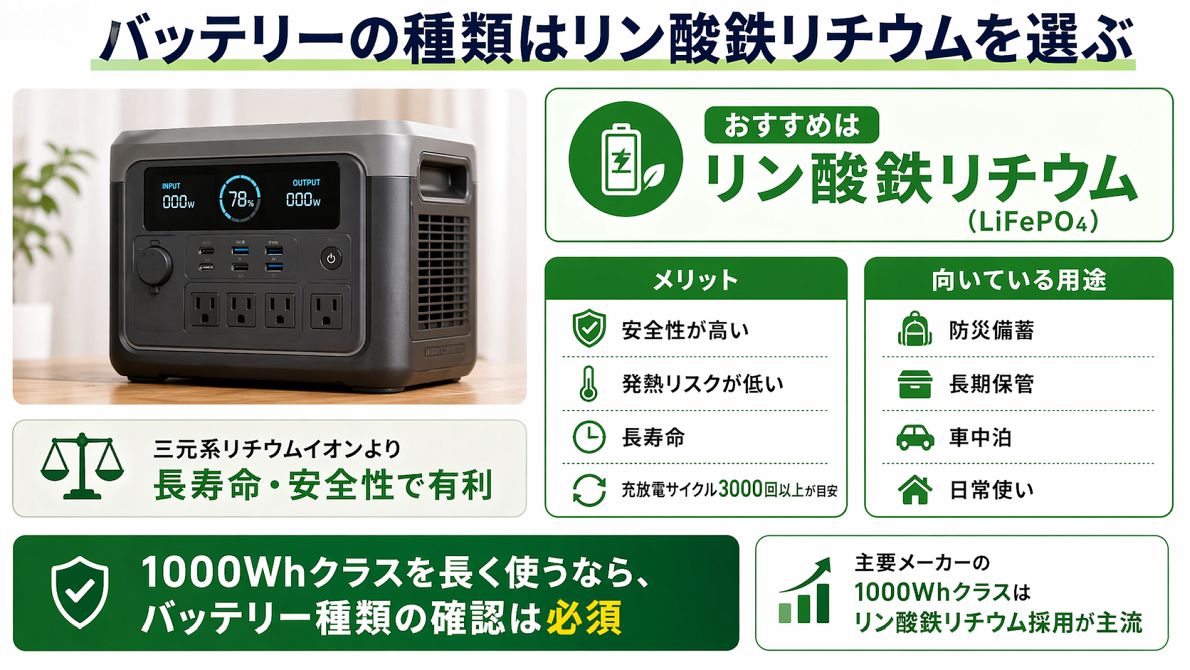 ポータブル電源のバッテリー種類として、リン酸鉄リチウムのメリットや向いている用途をまとめた図解