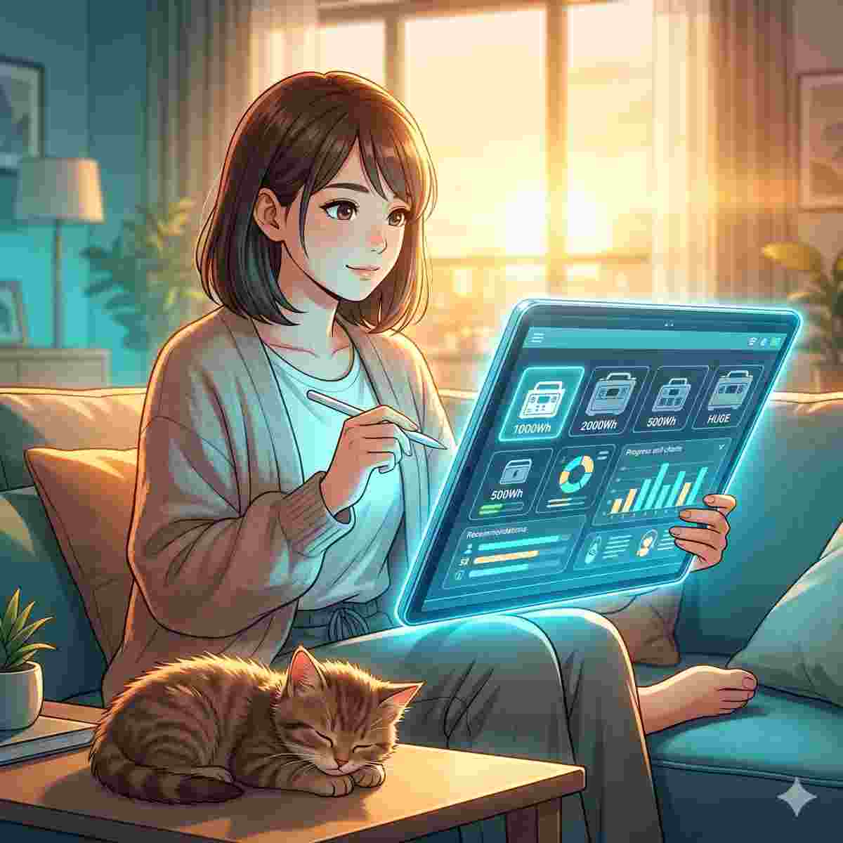 モダンで陽の差し込むリビングで、ふわふわの茶色い子猫と一緒に居心地の良いソファに座っている20歳の日本人女性。彼女はスタイラスを持ち、小型から超大型までの様々なポータブル電源のアイコンと、容量の数字、スタイライズされたチャートや推奨事項が表示された、光る大きなタブレット画面を思慮深く見つめている。