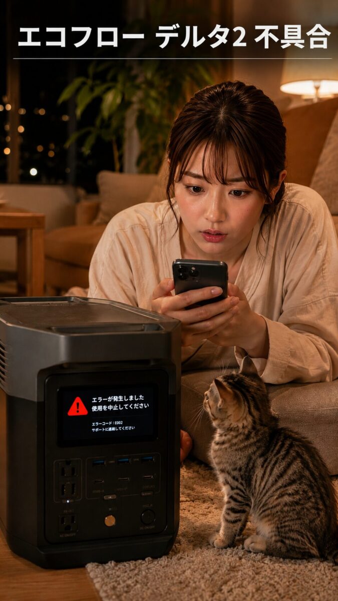 不具合表示のあるポータブル電源を確認する女性と子猫
