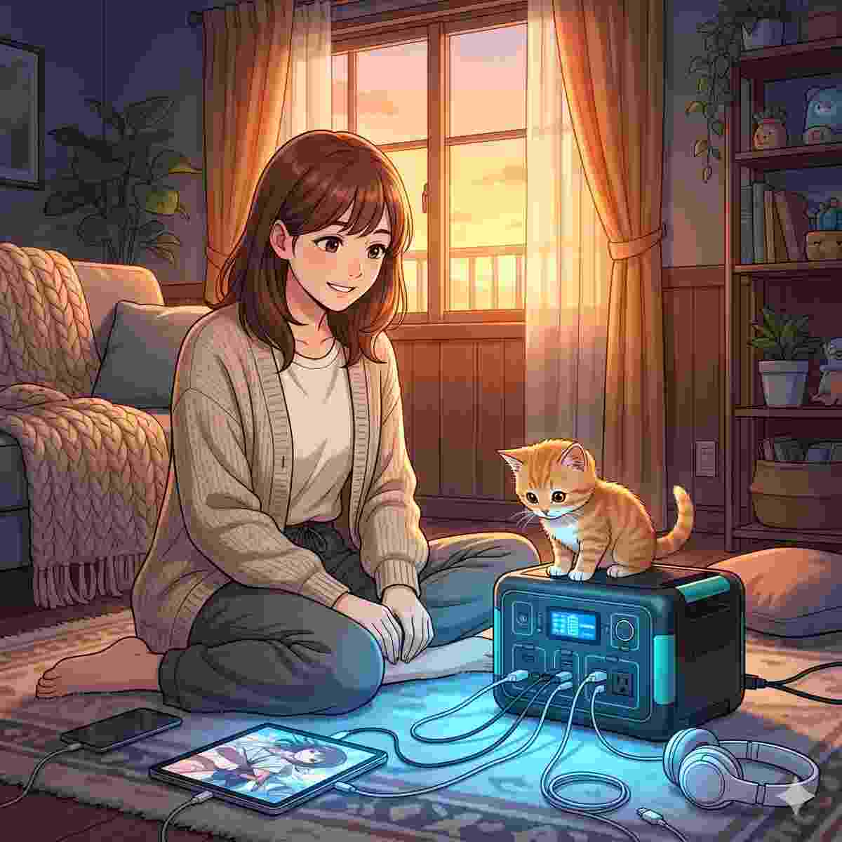 薄暗いが居心地の良いリビングルーム。Glowing Portable Power Stationの近くに座る20代の日本人女性と子猫。Power Stationは様々な小型電子機器に電力を供給しており、クールなブルーの光のエフェクトを作り出している。背景の窓からは温かみのあるゴールデンライトが入り込み、ブルーとコントラストをなしている。子猫は興味深げに光るPower Stationを見つめている。女性は暖かく微笑んでおり、安全で快適だ。