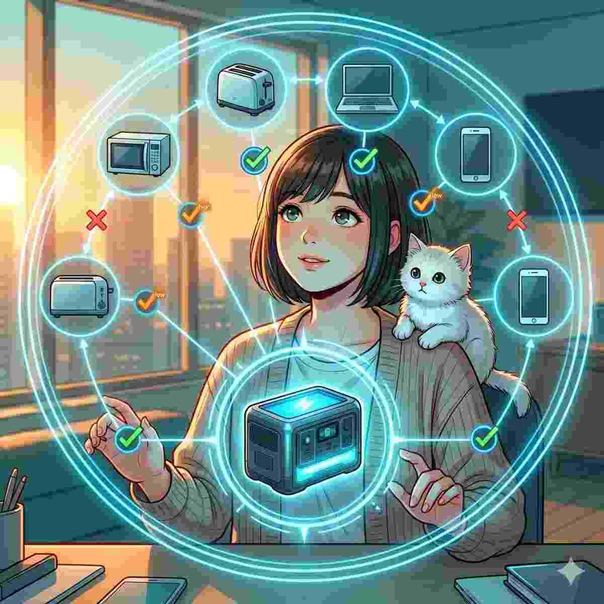 大きな光る円形インターフェースに囲まれた20歳の日本人女性と白いふわふわの子猫の概念的なイラスト。彼女の上には、電子レンジ、トースター、ノートパソコン、スマートフォンなどの様々な家電が配置されており、それぞれがインターフェース内の中央のポータブル電源アイコンへの小さな光る接続線を持っており、「互換性あり/なし」のアイコンと消費電力要件チェック（高、低）を示している。