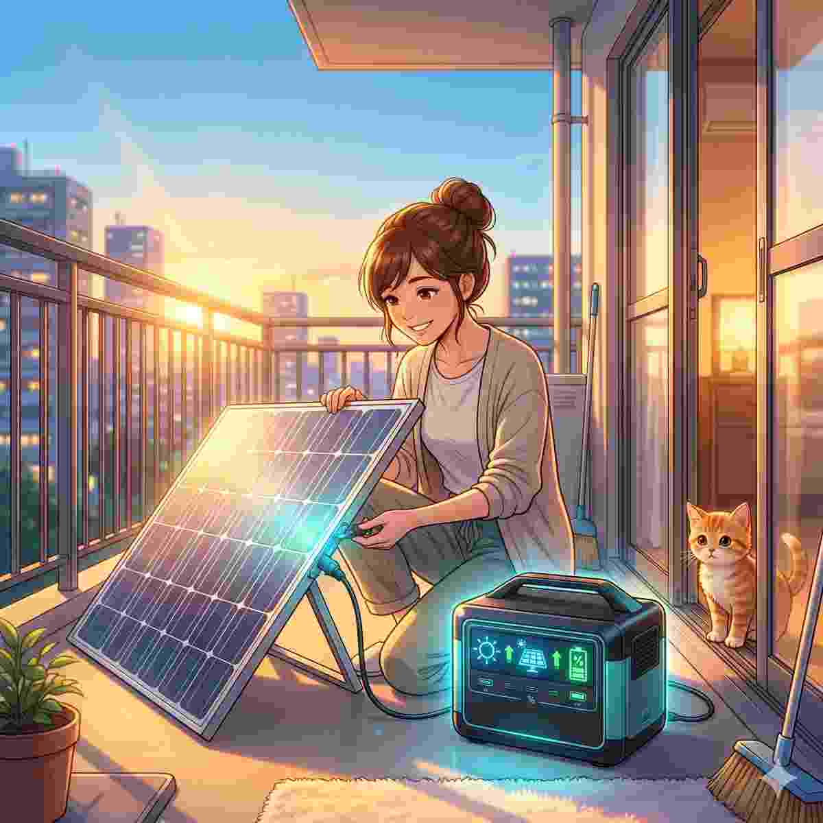 晴れた空に向かって、アパートのベランダに洗練されたモダンなソーラーパネルを設置している20代の日本人女性。パネルは隣にあるPortable Power Stationに接続され、充電されている。Power Stationのスクリーンは、クールなブルーとグリーンに輝く「ソーラー充電中」を表示している。女性はパネルが太陽の光を浴びて、笑顔を浮かべている。子猫は部屋の中で安全に、半開きのドアから覗き込み、太陽が降り注ぐシーンを見つめている。温かみのあるゴールデンサンライトがベランダを満たし、機器のクールなブルーの光やグロウエフェクトとコントラストをなしている。