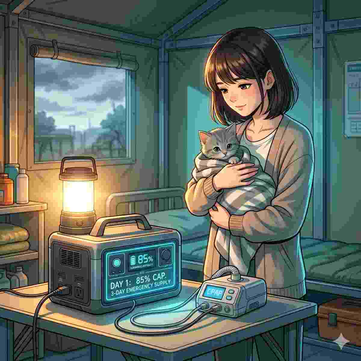 模擬停電中の避難所で、毛布に包まれた小さな灰色の猫をなだめている20歳の日本人女性。彼女はポータブル電源を使って明るいLEDランタンと小型医療機器に電力を供給し、3日間の緊急期間の残量を示すディスプレイを確認している。