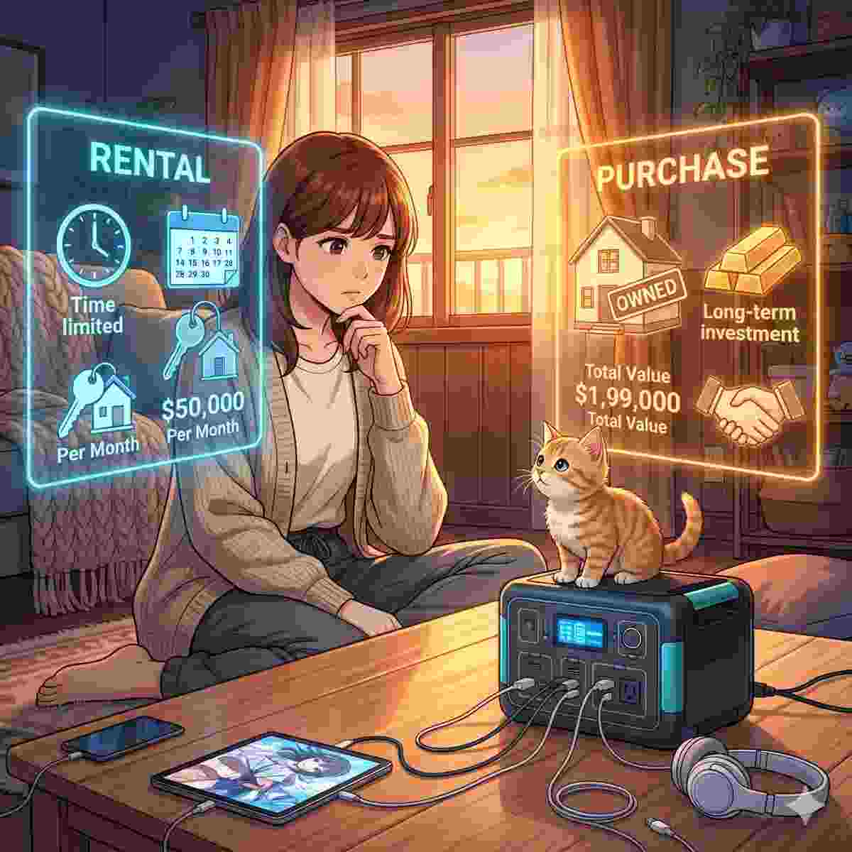 木製のテーブルに座り、2つのホログラフィック投影を思案げに見比べる20代の日本人女性。クールなブルーの光で輝く投影は、期間限定のアイコンと低コストを示す「レンタル」のコンセプトを表している。温かみのあるオレンジ色の光で輝くもう一方の投影は、所有アイコンと長期的な価値が高いことを示す「購入」のコンセプトを表している。子猫はその間に座り、移ろいゆく光を見つめている。温かみのあるゴールデンサンライトが部屋を照らしている。