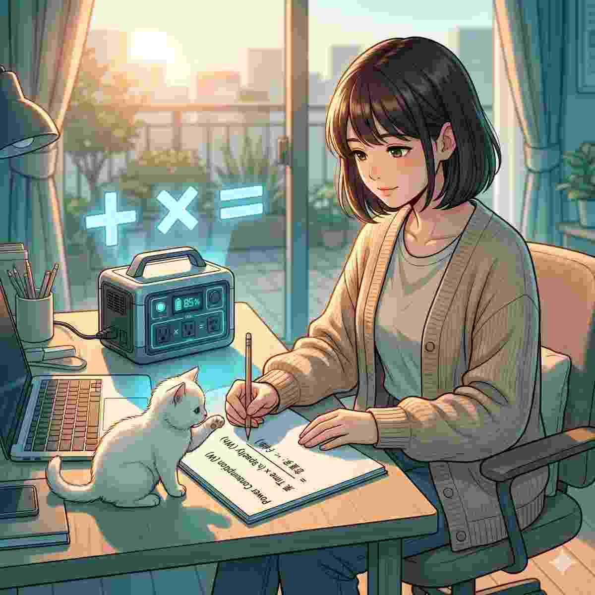 清潔でモダンなデスクで、ペンを掴もうとする遊び好きな白い子猫と一緒にいる20歳の日本人女性。彼女は鉛筆でノートパッドに「消費電力 (W) × 時間 (h) = 容量 (Wh)」と計算を書き込んでいる。デスクには小型で洗練されたポータブル電源があり、その上の空中に光る算術記号（プラス、かける、イコール）が涼しげな青い光で浮かんでおり、暖かい太陽光を背景にしている。