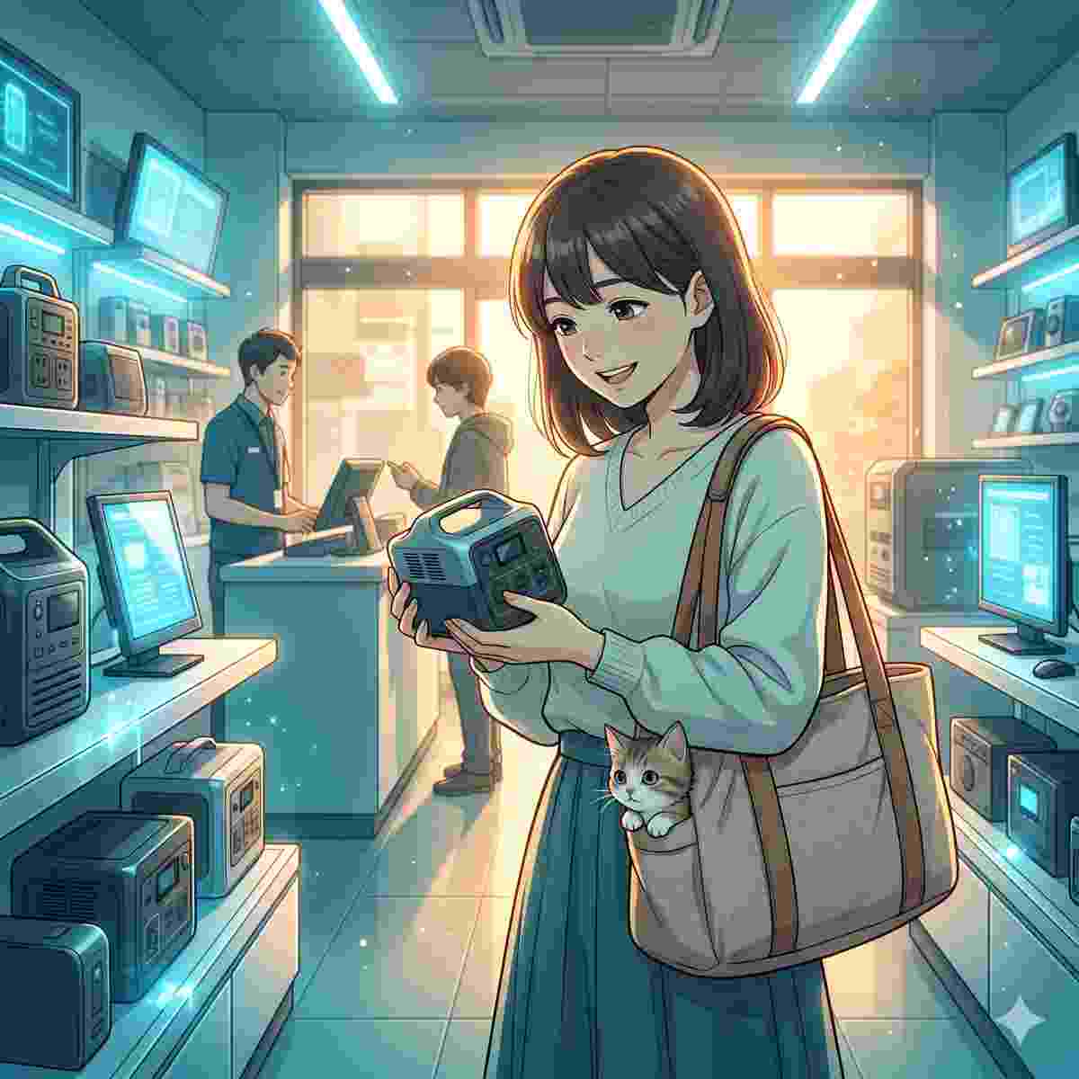 清潔でモダンなレンタルショップ。小型でコンパクトなPortable Power Stationを手に持ち、嬉しそうに眺める20代の日本人女性。背景には、対応する店員が見える。子猫は肩から掛けた快適なキャリーバッグの中から、興味深げに覗いている。ショップは光るディスプレイでいっぱいだ。大きな窓からの温かい太陽光とクールな室内のLEDライトが混ざり合っている。