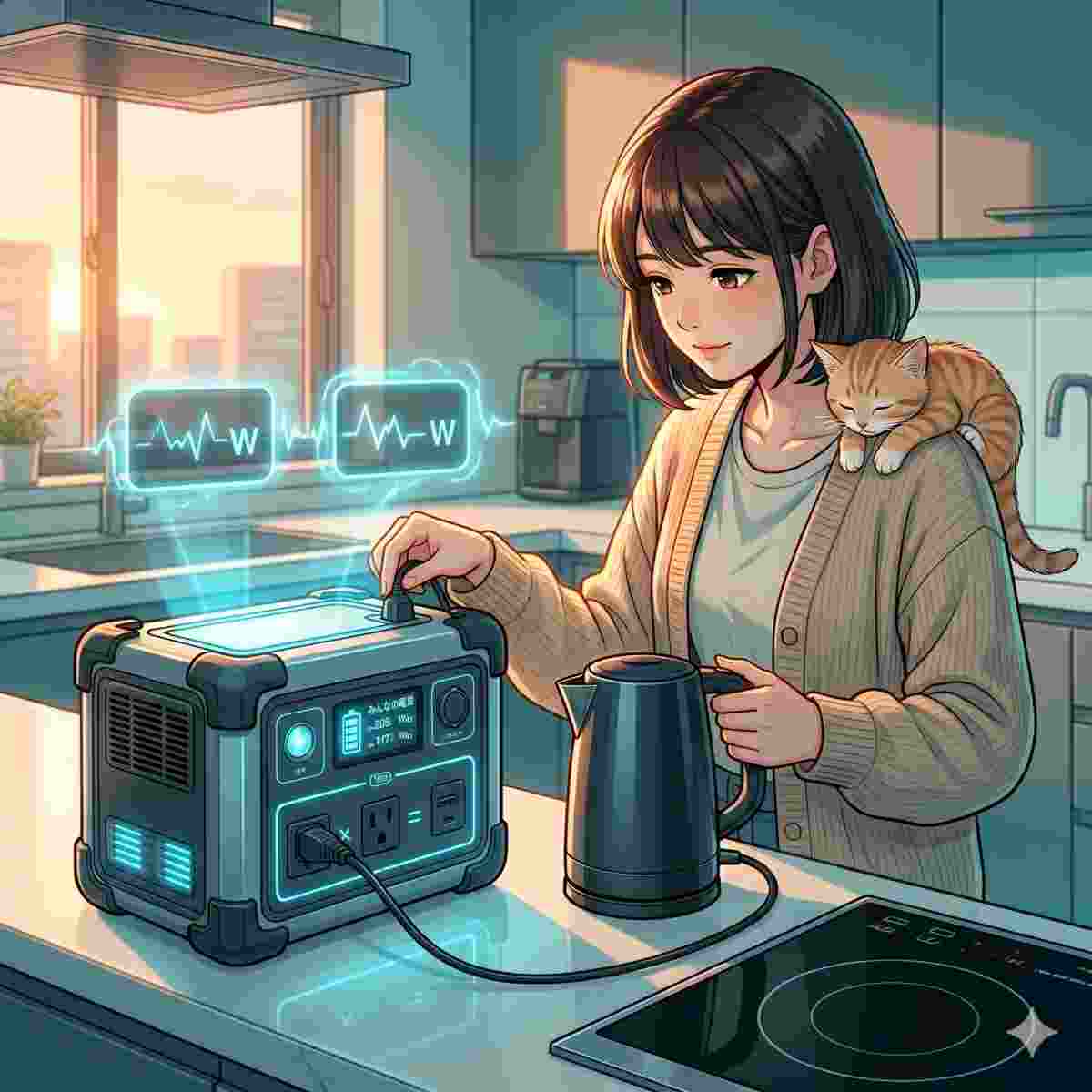 ハイテクなキッチンセットにいる20歳の日本人女性で、肩には眠そうな茶トラの子猫が乗っている。彼女は高出力の電気ケトルを、大型で頑丈なポータブル電源に差し込んでいる。電源には2つの光るインジケーターがあり、1つは変動する「W」出力を、もう1つはケトルの「W」要件を、サージ効果とともに示している。