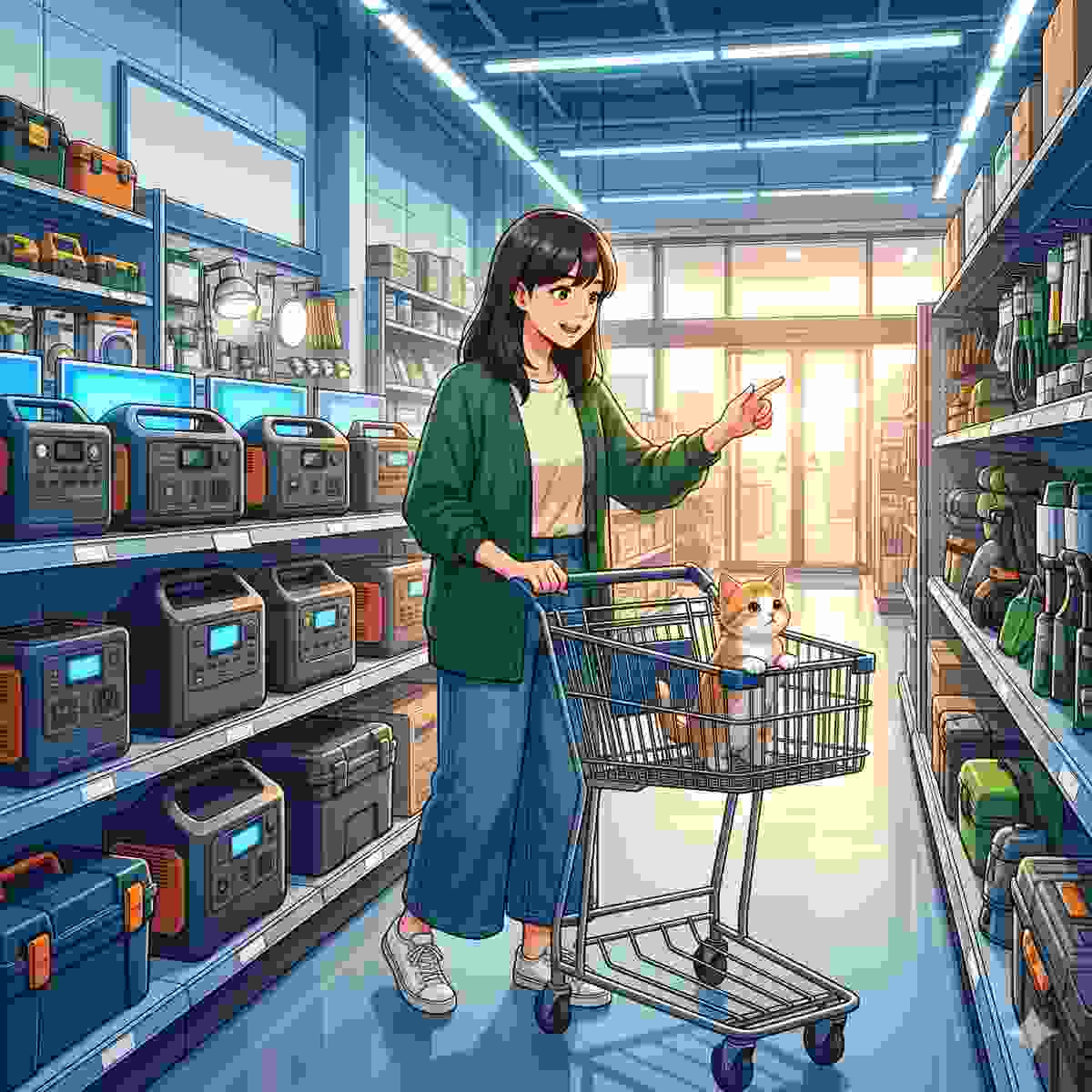 広いホームセンターの通路。様々な製品に囲まれ、Portable Power Stationのディスプレイを調べている20代の日本人女性。子猫はショッピングカートに座り、明るく賑やかな店内を見回している。照明は明るく工業的で、入り口付近の温かい太陽光が混ざっている。彼女はPower Stationを指差している。