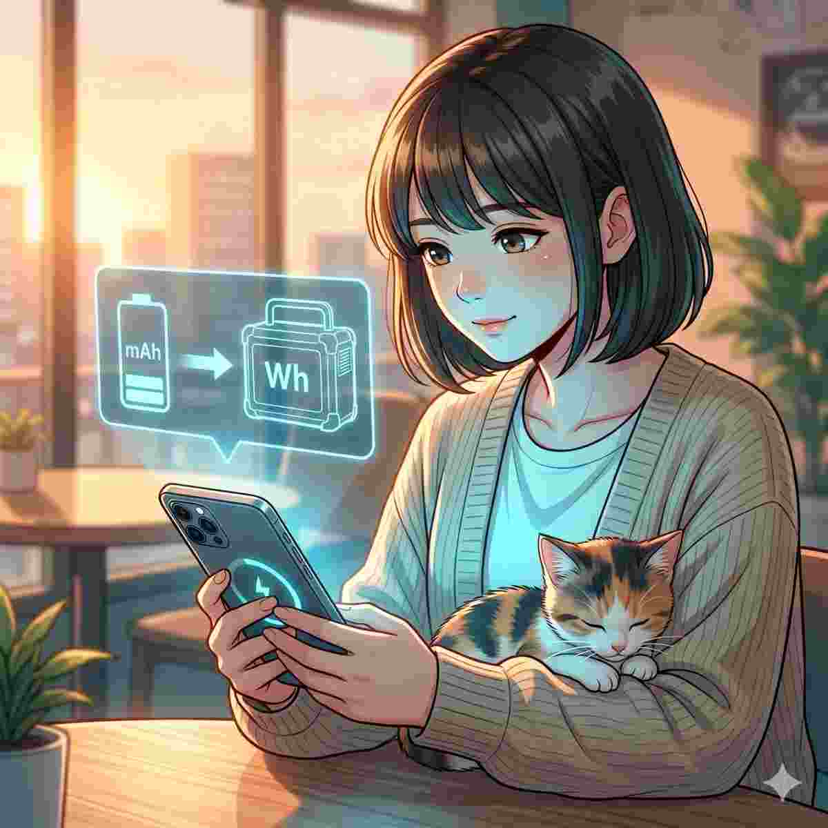20歳の日本人女性と小さな三毛猫がスマートフォン画面を見下ろしているクローズアップイラスト。スマートフォンの上には、フローティングで半透明の比較インフォグラフィックがある。スマートフォンの「mAh」バッテリーアイコンから、ポータブル電源を表す「Wh」バッテリーアイコンへの矢印が変換を示している。