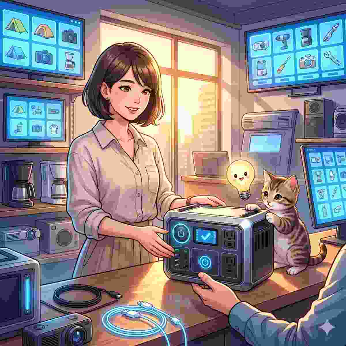 オンラインカタログが現実になったような、多様な電子機器や家庭用品のレンタルを行う店のカウンター。洗練されたPortable Power Stationを受け取っている20代の日本人女性。子猫はPower Stationの隣に座り、前足を乗せている。ショップには、様々なレンタルアイテムを表示するクールなブルーのスクリーンがある。温かみのあるゴールデンサンライトがシーンに当たっている。