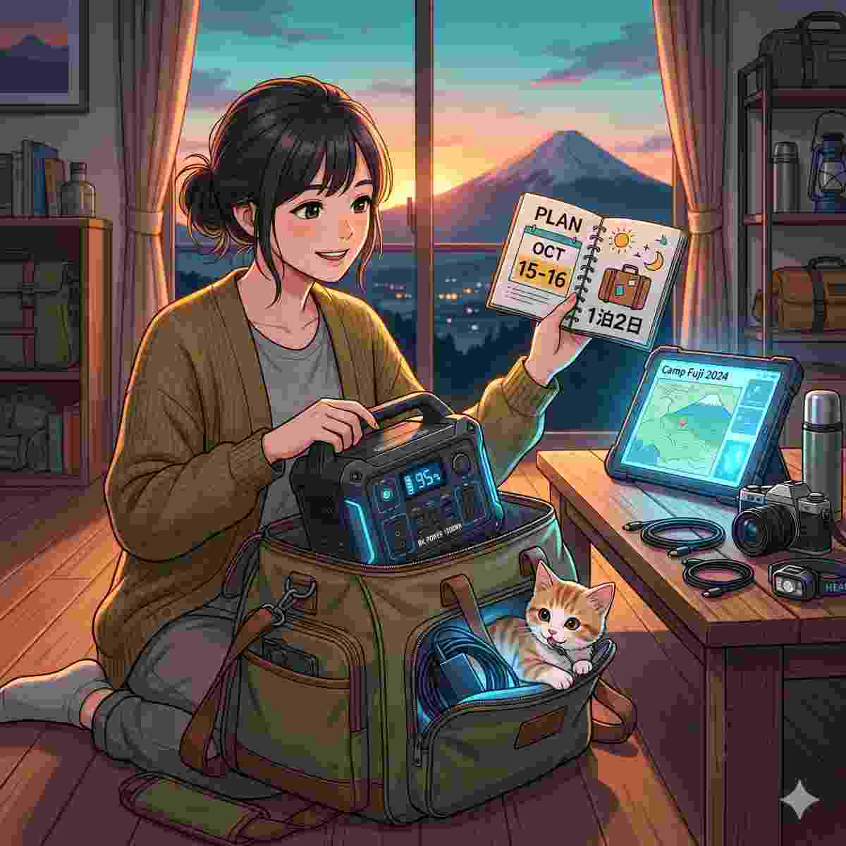 コンパクトなPortable Power Stationを、シンプルで丈夫なバッグにパッキングしている20代の日本人女性。旅行の準備ができたような格好。彼女は、アイコンで「1泊2日」と「安く」とマークされた小さなカレンダーを持っている。子猫はPower Stationと一緒にバッグに入ろうとしており、お茶目で心地よさそうだ。シーンは、温かみのあるゴールデンアワーの太陽光と、近くにあるデバイス画面からのクールなブルーの光で照らされている。