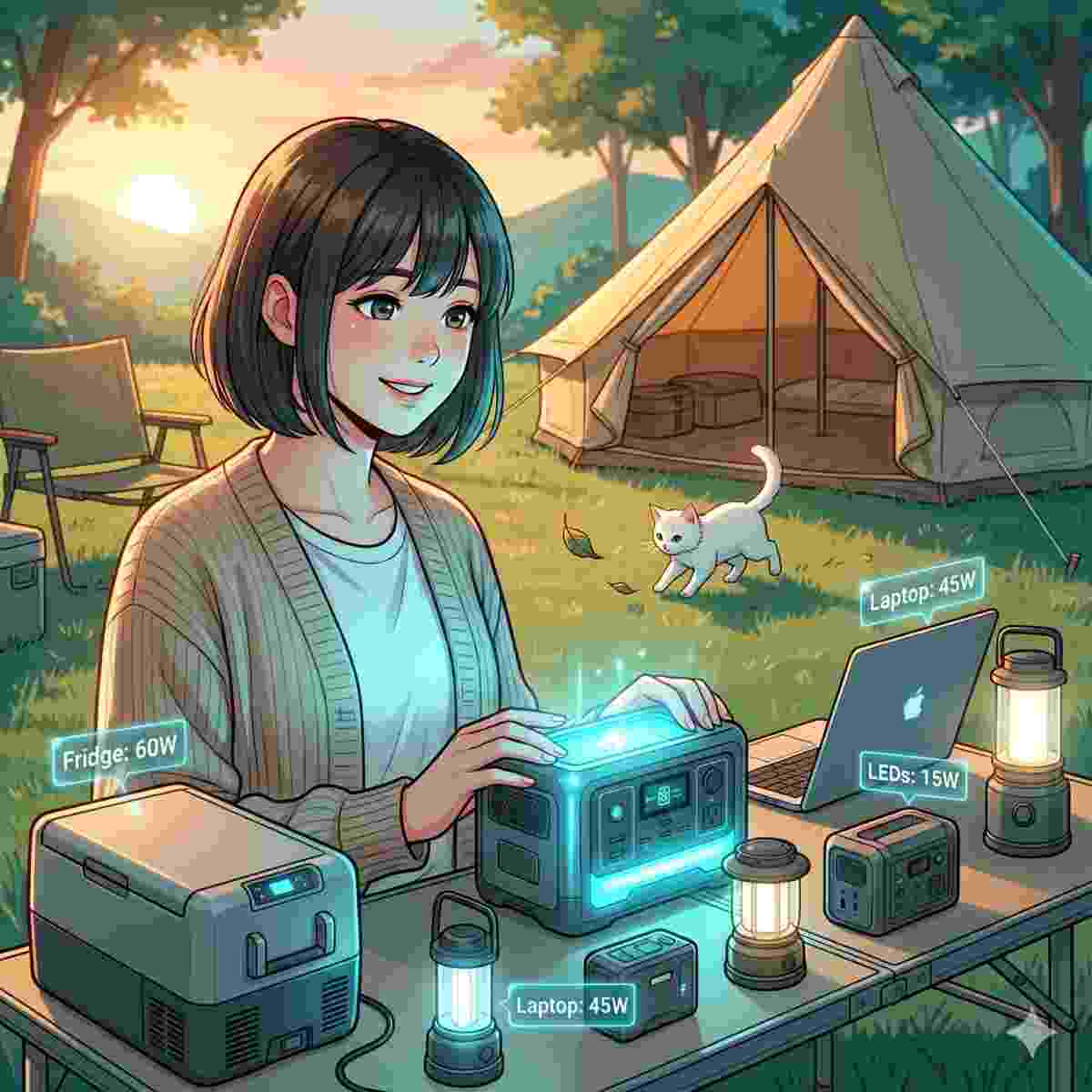 キャンプ場で、テントの近くで葉っぱを追いかける灰色タビーの子猫と一緒にいる20歳の日本人女性。彼女はキャンプテーブルに並べられた様々な選択肢からポータブル電源を選んでいる。シーンには、ポータブル冷蔵庫、LEDライト、ノートパソコンなどの様々なキャンプギアが含まれており、それぞれに小さな光る要件タグが付いている。