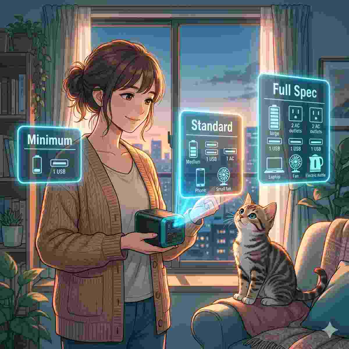 居心地の良いアパートの窓辺。小型でコンパクトなPortable Power Stationを手に持つ20代の日本人女性。彼女は、容量と使用アイコンでラベル付けされた3つの異なるホログラフィックオプションを見ている：「ミニマム」、「スタンダード」、「フルスペック」。子猫は、澄んだブルーとオレンジの光で輝く「スタンダード」オプションを見つめている。温かみのあるゴールデンアワーの太陽光が部屋を満たし、クールなブルーに輝くホログラムとコントラストをなしている。