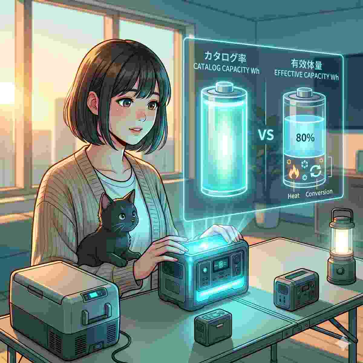 20歳の日本人女性と黒猫が、比較ホログラフィックインターフェースを見ている。1つのホログラムは、満充電で光るセルを持つ「カタログ容量 Wh」とラベルされた大きなバッテリーを示している。その隣の別のホログラムは、同じバッテリーだが「実効容量 Wh」とラベルされ、80%充電されたセルと、その下に損失アイコン（熱、変換）でラベルされた隙間を示している。