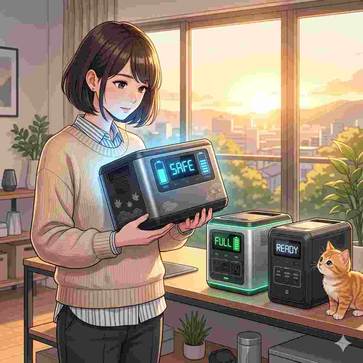 モダンな棚に並べられた3つの洗練されたPortable Power Stationを調べている20代の日本人女性。彼女は、日本の品質とサポートアイコンがマークされ、スクリーンに「安全」ステータスがブルーに輝くものを持っている。他の2つ、他のグローバルブランドも、同様に高品質で磨き上げられたテクスチャと、それぞれ独自の輝くステータスを持つスクリーンを備えている。子猫は興味深げに日本スタイルのPower Stationをつついている。シーンは、窓からの温かみのあるゴールデンアワーの太陽光、スクリーンからのクールなブルーとオレンジの光、そして柔らかなアンビエントグロウで満たされている。