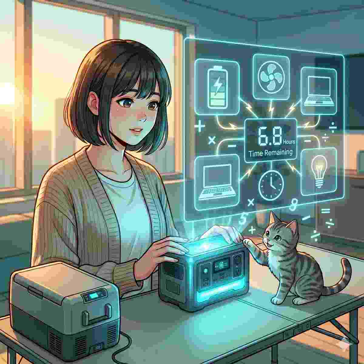 デスクで、浮遊する数字を灰色の子猫が遊びがてら叩いている。20歳の日本人女性は、バッテリーと様々な家電（扇風機、ノートパソコン、電球）のフローティングで半透明のアイコンと時計、算術記号が付いた、光る大きな計算機を使っている。