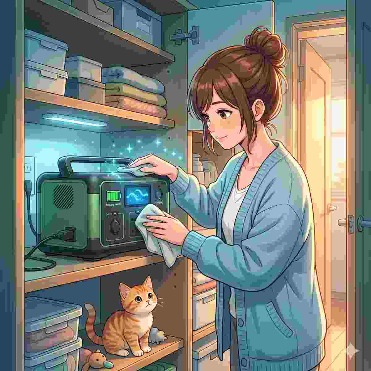 清潔で整理された収納クローゼットで、柔らかい布を使ってPortable Power Stationを掃除している20代の日本人女性。Power Stationは丈夫な棚に置かれ、充電器に接続されている。スクリーンは、緑色の「バッテリーヘルス」と、クールなブルーに輝く「充電中」のアニメーションを表示している。クローゼットは明るく整頓されている。子猫は下の棚に座り、プロセスを見守っており、安全で快適だ。開いたドアから温かみのあるゴールデンアワーの太陽光が差し込み、クールな室内のLEDライトと混ざり合っている。