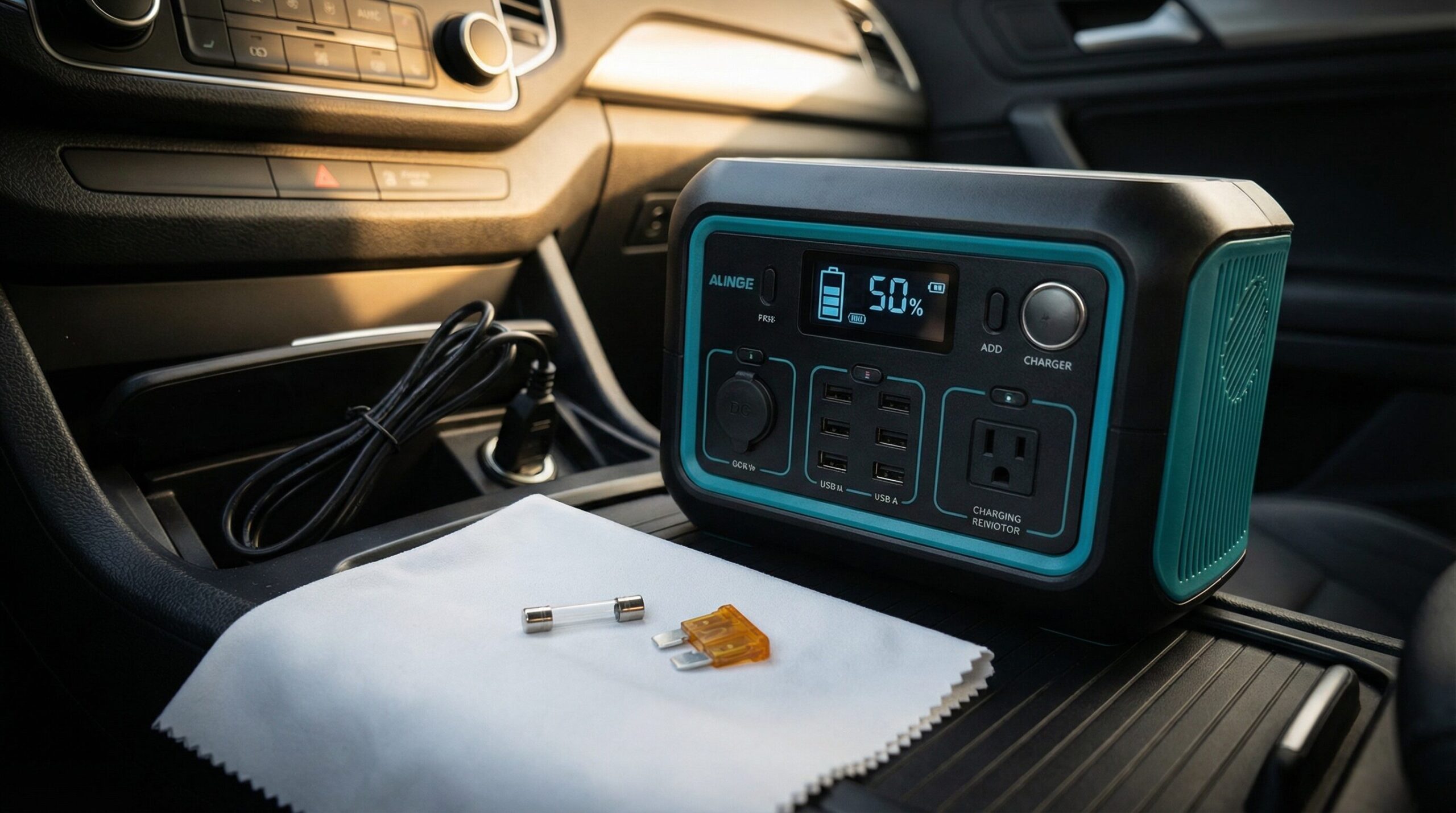 ポータブル電源とシガーソケット充電ケーブル、ガラス管ヒューズと平型ヒューズを車内に並べた様子