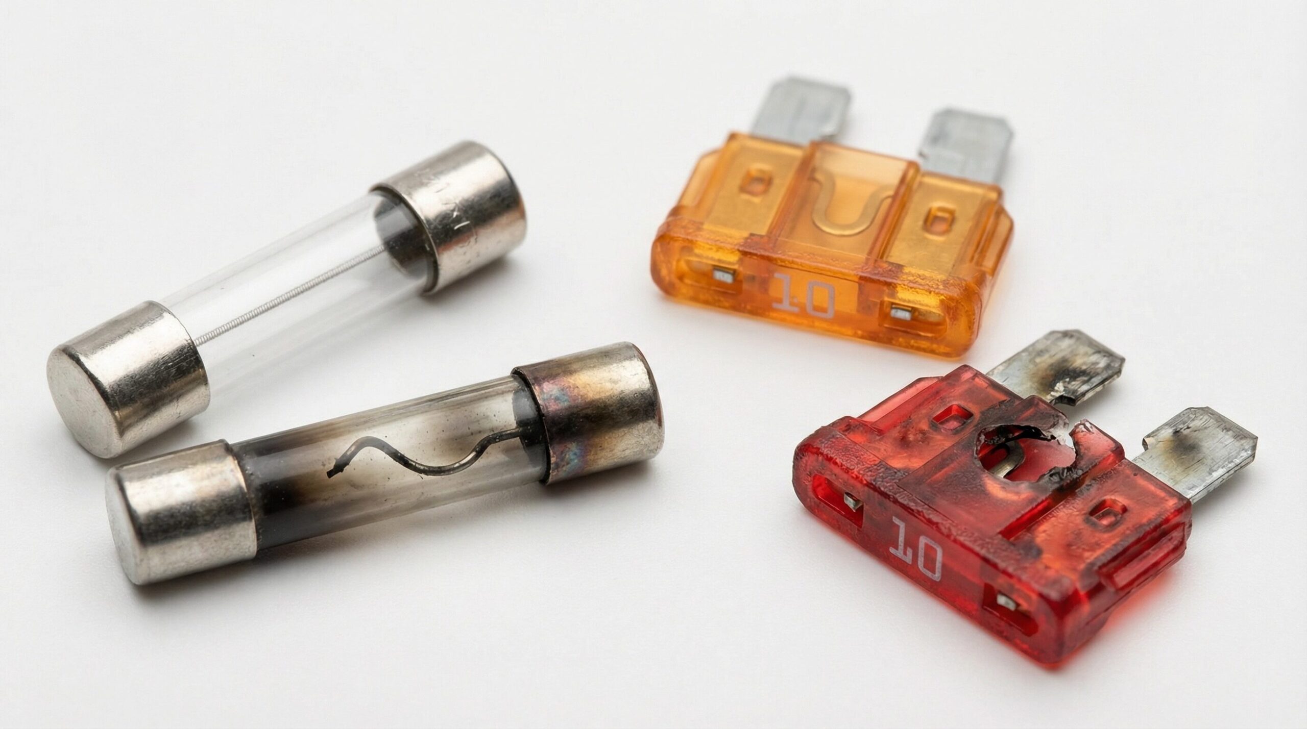 正常なガラス管ヒューズと断線したガラス管ヒューズ、正常な平型ヒューズと溶断した平型ヒューズを並べたクローズアップ写真
