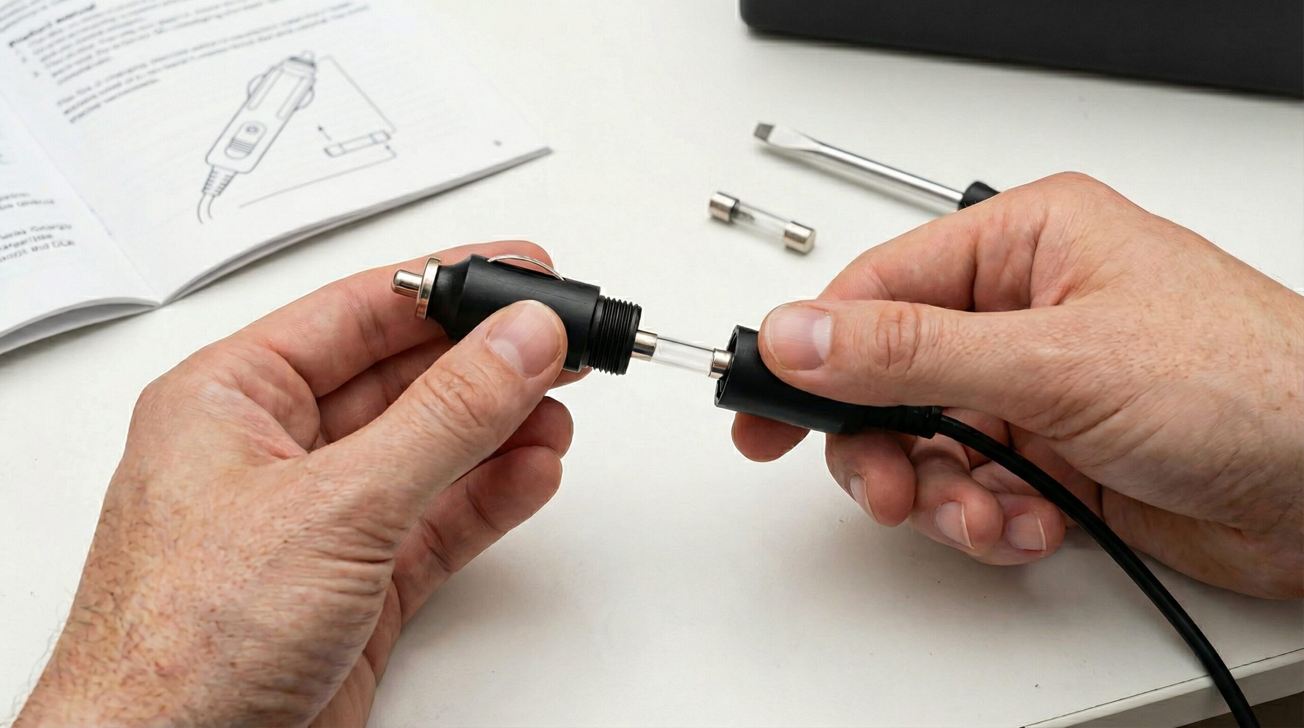 シガープラグ先端のヒューズホルダーを開けてガラス管ヒューズを取り出しているヒューズ交換作業の様子