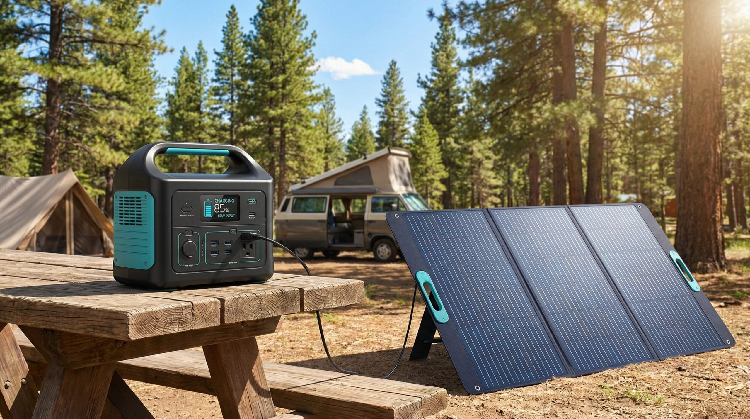 キャンプサイトの木製テーブルにポータブル電源を置き、折りたたみ式ソーラーパネルで充電している屋外の様子