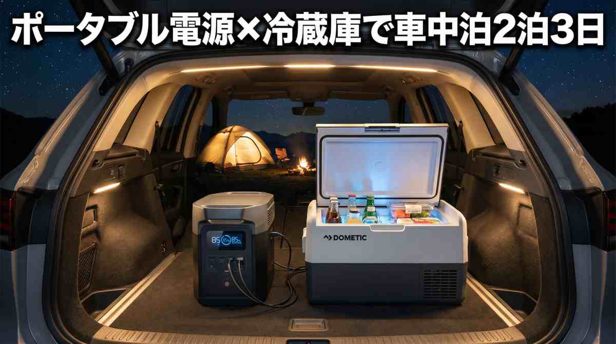 alt="SUVのラゲッジスペースにポータブル電源と車載冷蔵庫が設置され、星空のキャンプサイトが背景に広がる車中泊2泊3日のイメージ"