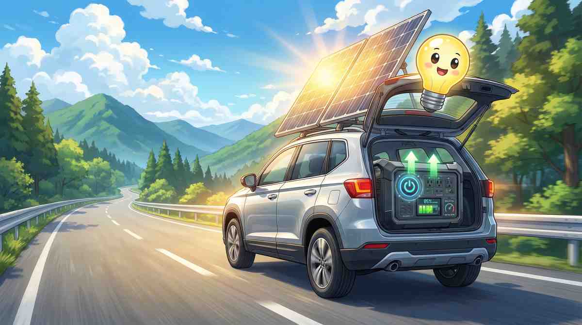 alt="ソーラーパネルを屋根に搭載したSUVが山道を走行し、荷室のポータブル電源が充電されている走行充電とソーラー併用のイメージ"

