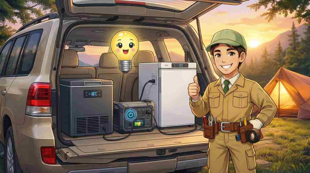 alt="SUVのラゲッジに冷凍庫（-18℃）と冷蔵庫（5℃）の2台をポータブル電源に接続して積んだ、車中泊2台体制の積載イメージ"
