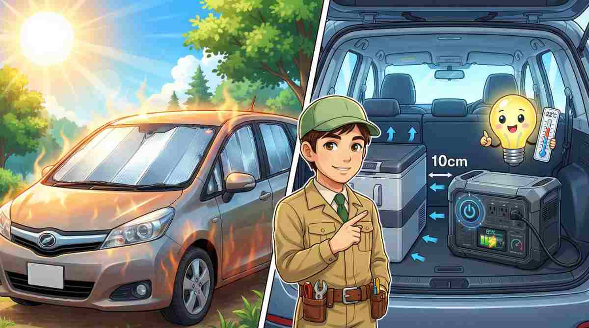 alt="サンシェードで車内を遮熱する車と、冷蔵庫の放熱スペース10cmを確保した荷室の設置例を並べた夏の節電テクニック解説イメージ"
