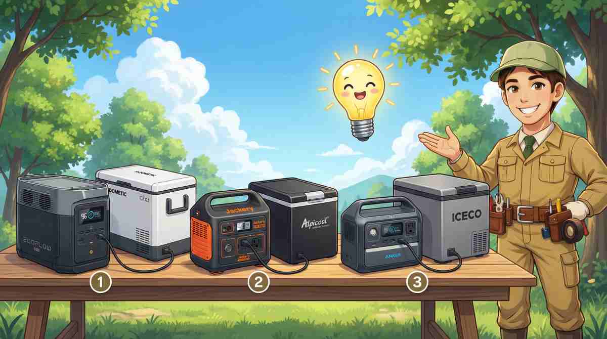 alt="EcoFlow×Dometic・Jackery×Alpicool・Anker×ICECOの3セットをアウトドアテーブルに並べた、ポータブル電源と車載冷蔵庫のおすすめ組み合わせ比較イメージ"
