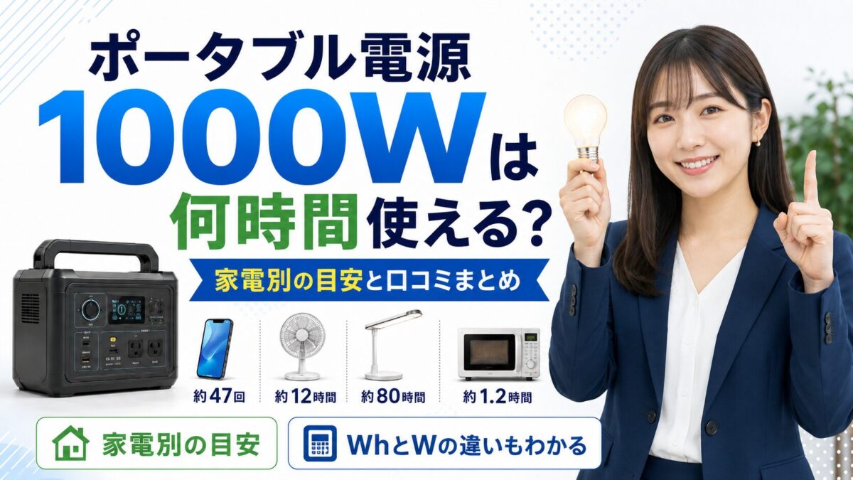 ポータブル電源1000Wの使用時間を、スマホ充電や扇風機、LEDライトなど家電別の目安と計算式で解説するアイキャッチ画像