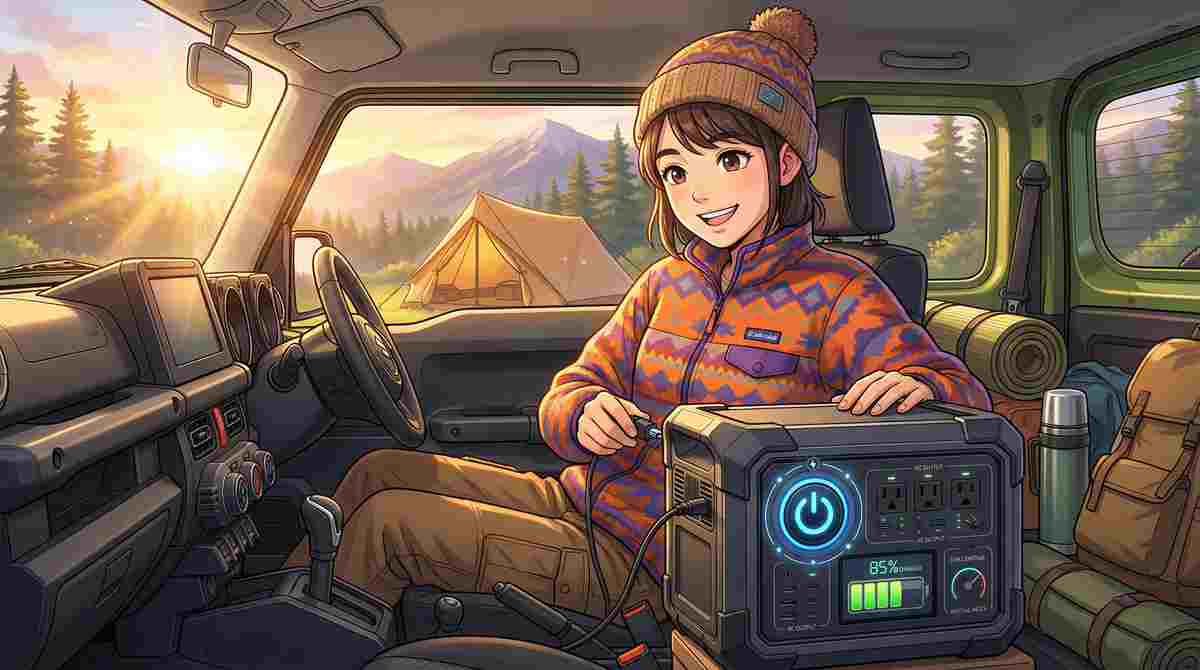 ジムニーの車内でポータブル電源をシガーソケットに接続するキャンパー女性